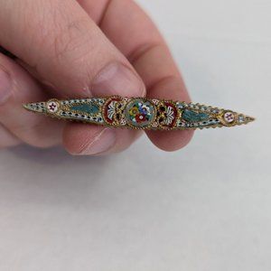 VTG Venetian Grand Tour Micro Mosaic Flower Brooch Bar Pin 3 inch blue white